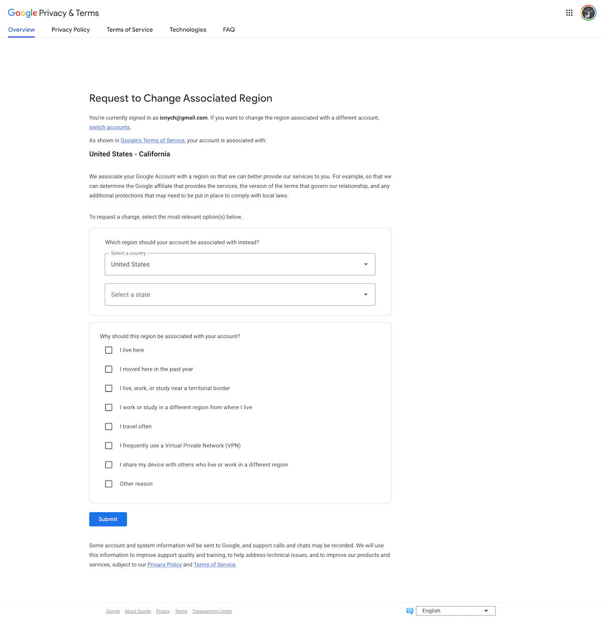 Google Country Association Form
