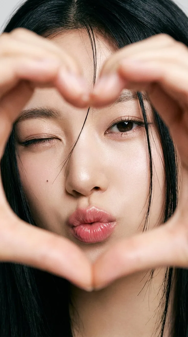 Extreme close-up portrait of a young East Asian woman with