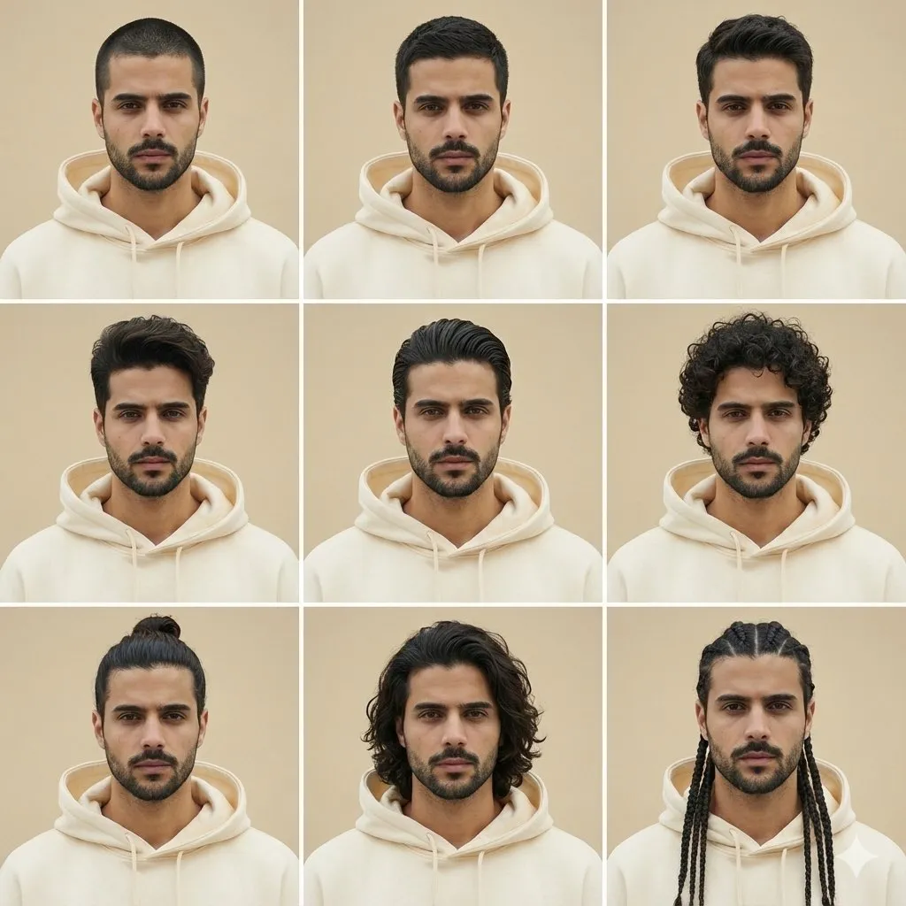 A clean, aesthetic 3x3 collage portrait showcasing nine different men'