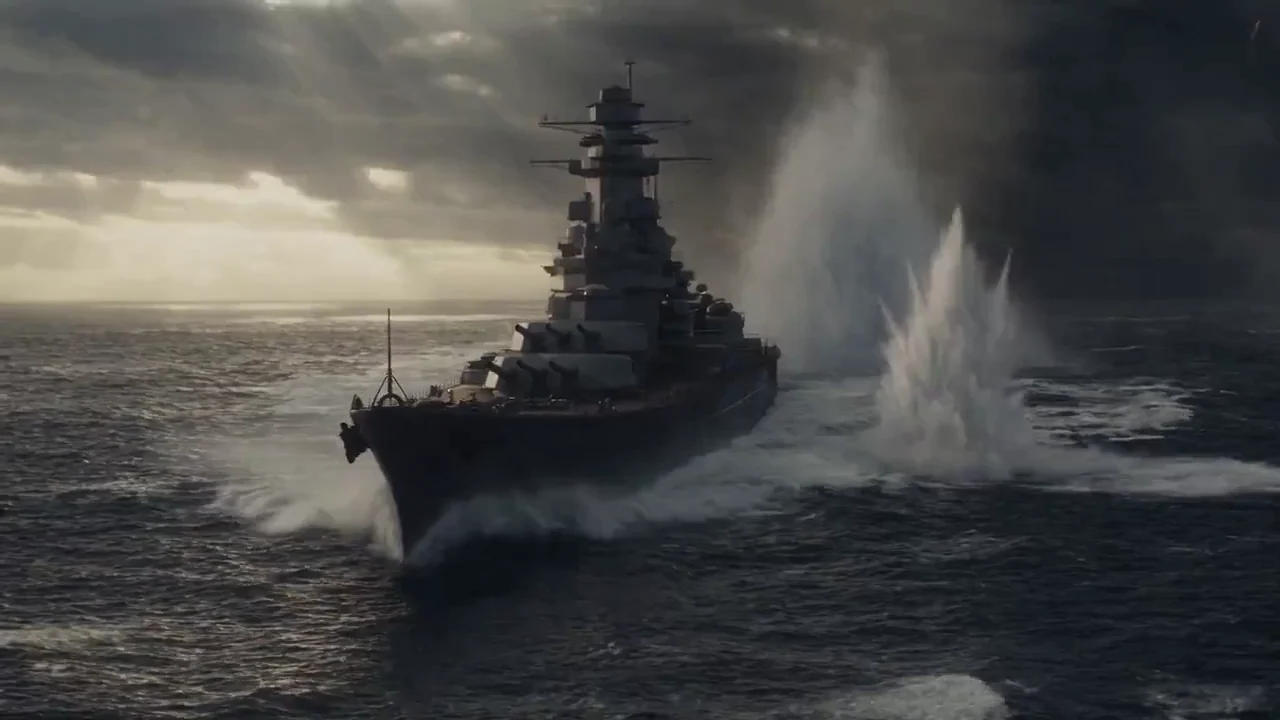 30-second cinematic aerial action spectacle: a battleship cuts through storm waves as a fighter jet bursts from volumetric clouds