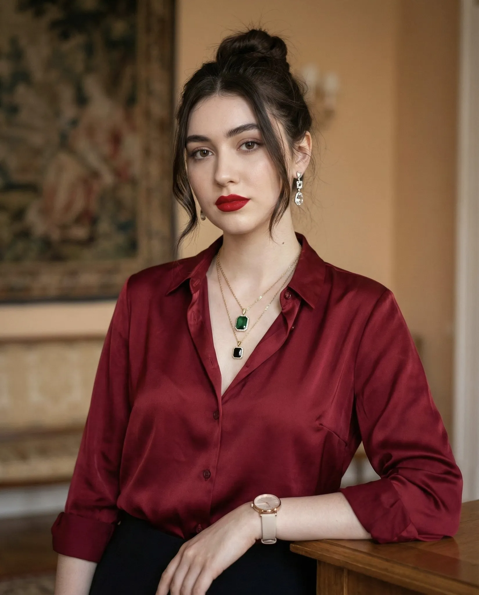A cinematic indoor portrait of a woman standing with a